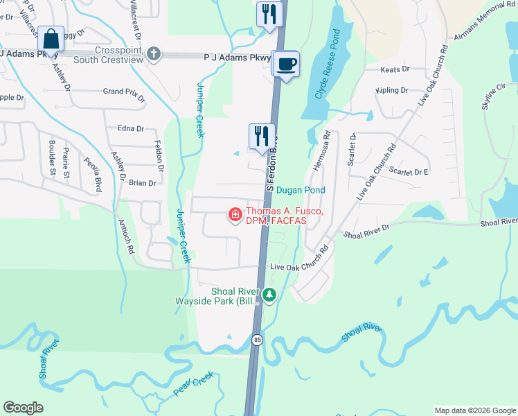 map of restaurants, bars, coffee shops, grocery stores, and more near 5250 South Ferdon Boulevard in Crestview