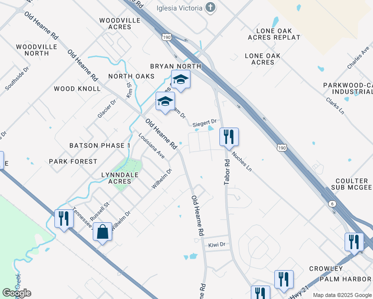 map of restaurants, bars, coffee shops, grocery stores, and more near 2901-3099 Old Hearne Road in Bryan