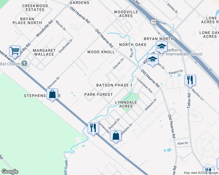 map of restaurants, bars, coffee shops, grocery stores, and more near 2315 Yellowstone Drive in Bryan