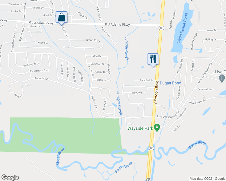 map of restaurants, bars, coffee shops, grocery stores, and more near 4543 Pfitzer Circle in Crestview