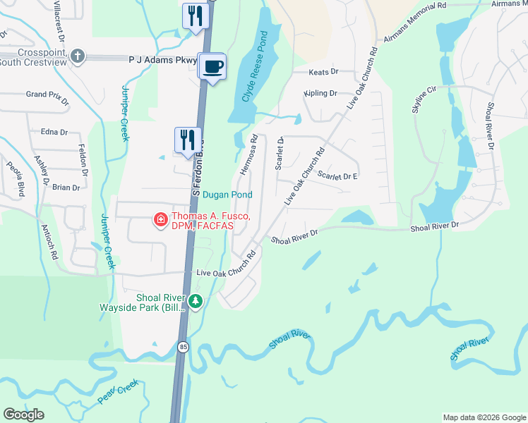 map of restaurants, bars, coffee shops, grocery stores, and more near 4624 Hermosa Road in Crestview