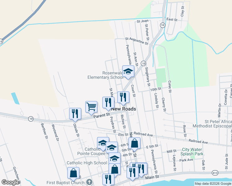 map of restaurants, bars, coffee shops, grocery stores, and more near 202 West 11th Street in New Roads