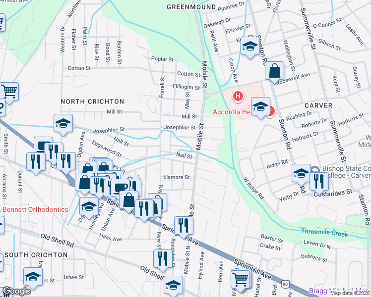 map of restaurants, bars, coffee shops, grocery stores, and more near 2713 Betbeze Street in Mobile