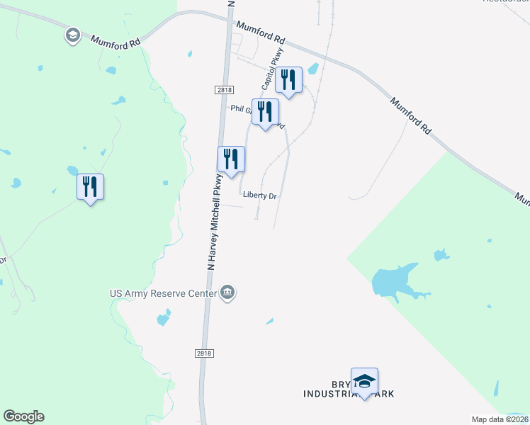 map of restaurants, bars, coffee shops, grocery stores, and more near 601 Liberty Drive in Bryan