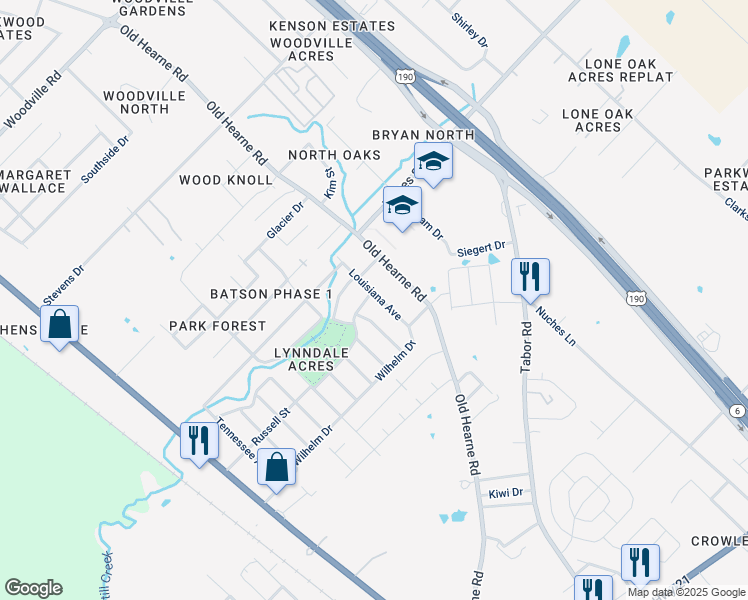 map of restaurants, bars, coffee shops, grocery stores, and more near 2918 Louisiana Avenue in Bryan