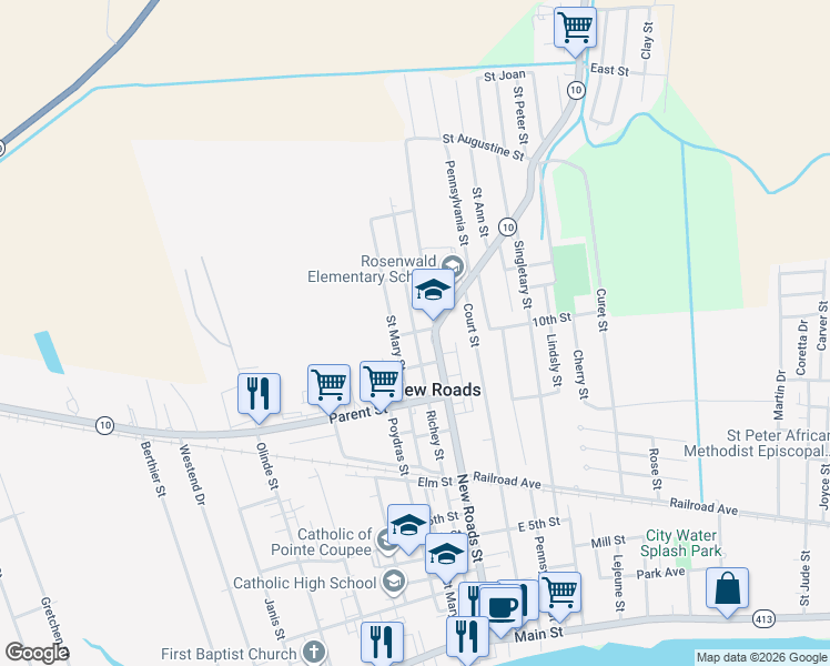 map of restaurants, bars, coffee shops, grocery stores, and more near 202 West 11th Street in New Roads