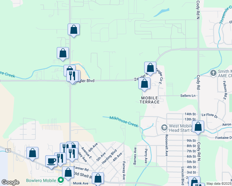 map of restaurants, bars, coffee shops, grocery stores, and more near 7561 Zeigler Boulevard in Mobile