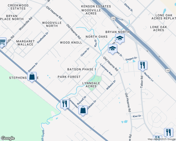 map of restaurants, bars, coffee shops, grocery stores, and more near 2326 Wilkes Street in Bryan