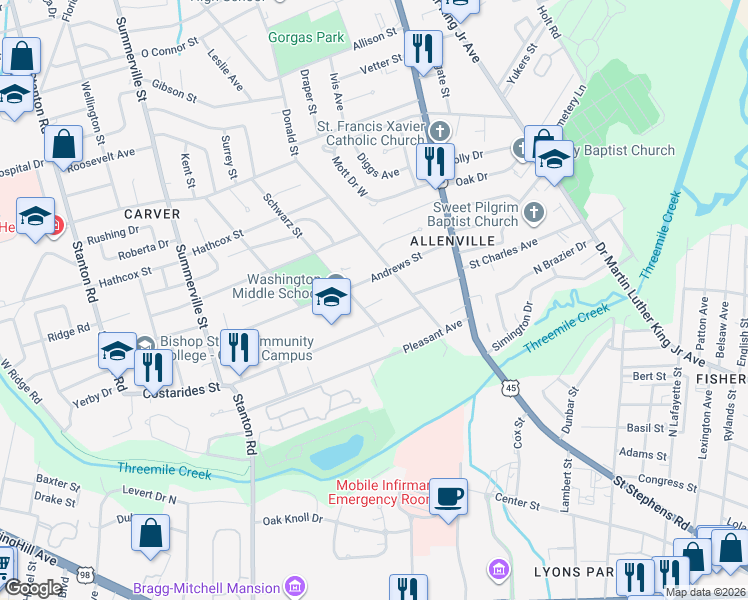 map of restaurants, bars, coffee shops, grocery stores, and more near 1906 Nerline Lane in Mobile
