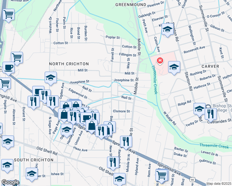 map of restaurants, bars, coffee shops, grocery stores, and more near 455 Mc Carley Street in Mobile