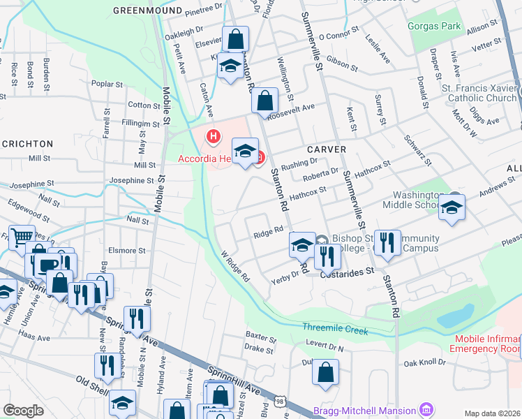 map of restaurants, bars, coffee shops, grocery stores, and more near 2412 Creek Circle Drive East in Mobile