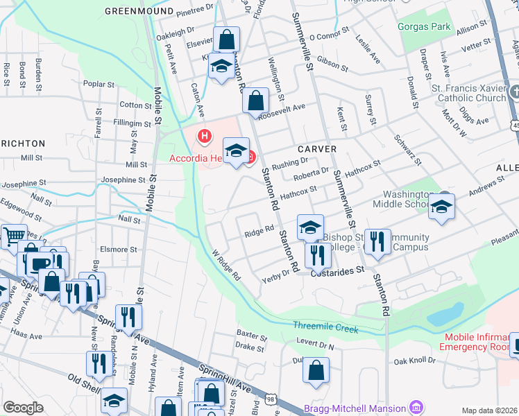 map of restaurants, bars, coffee shops, grocery stores, and more near 2412 Creek Circle Drive East in Mobile