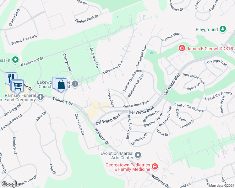 map of restaurants, bars, coffee shops, grocery stores, and more near 108 Whitewing Way in Georgetown