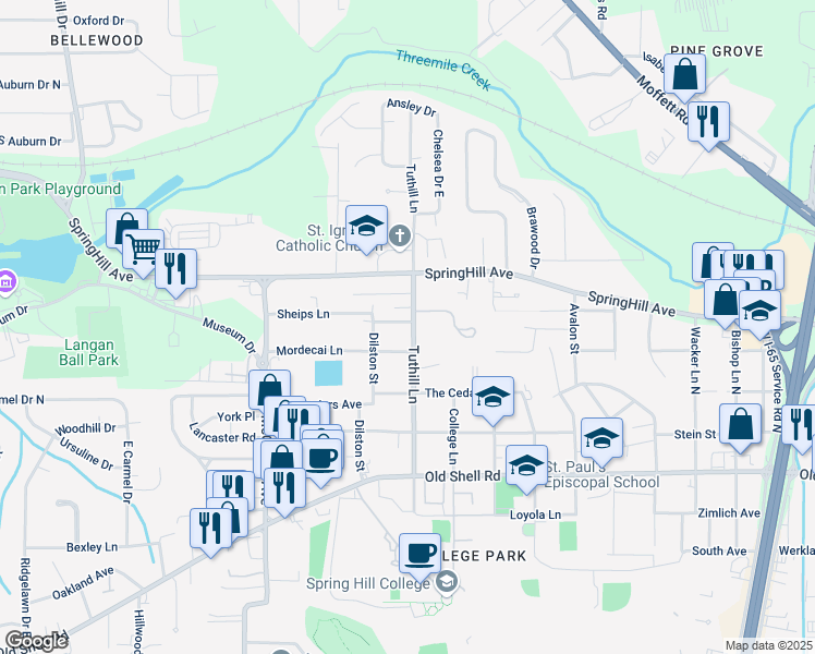 map of restaurants, bars, coffee shops, grocery stores, and more near 429 Tuthill Lane in Mobile