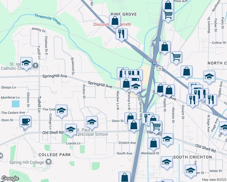 map of restaurants, bars, coffee shops, grocery stores, and more near 3503 SpringHill Avenue in Mobile