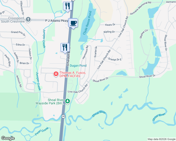 map of restaurants, bars, coffee shops, grocery stores, and more near 4623 Hermosa Road in Crestview