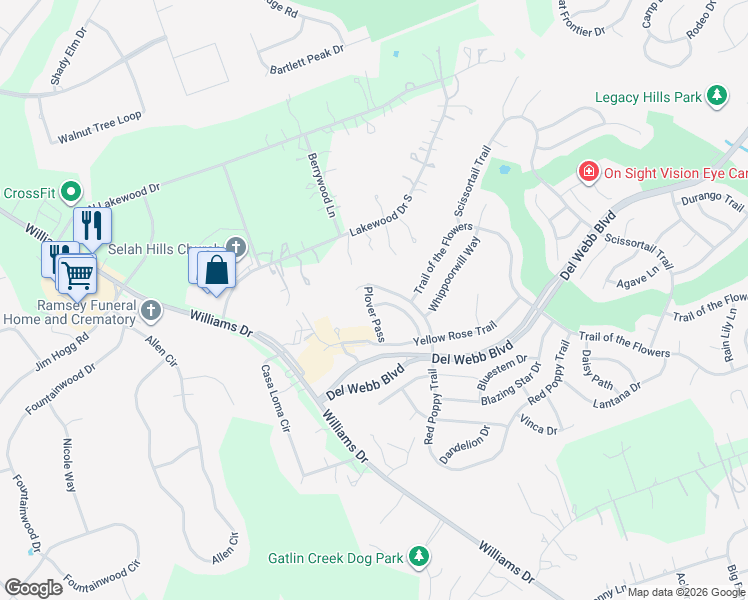 map of restaurants, bars, coffee shops, grocery stores, and more near 104 Plover Pass in Georgetown
