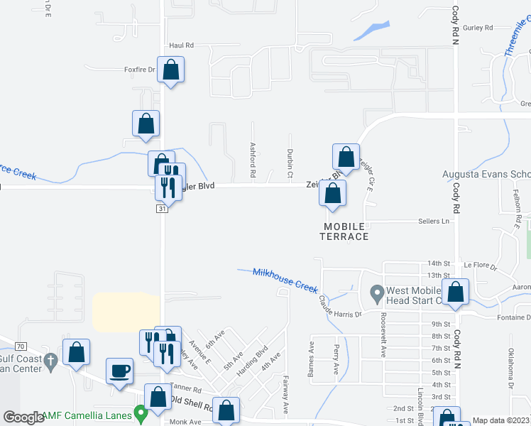 map of restaurants, bars, coffee shops, grocery stores, and more near 7561 Zeigler Boulevard in Mobile