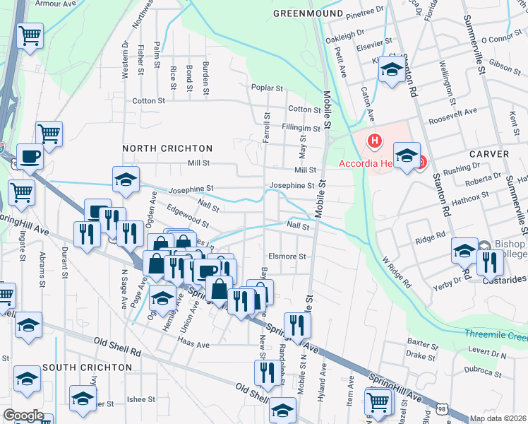 map of restaurants, bars, coffee shops, grocery stores, and more near 2751 Nall Street in Mobile