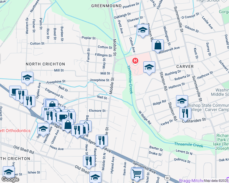 map of restaurants, bars, coffee shops, grocery stores, and more near 2672 Betbeze Street in Mobile