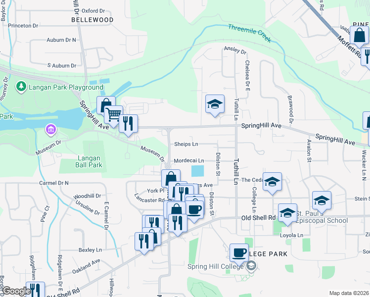 map of restaurants, bars, coffee shops, grocery stores, and more near 3763 Sheips Lane in Mobile