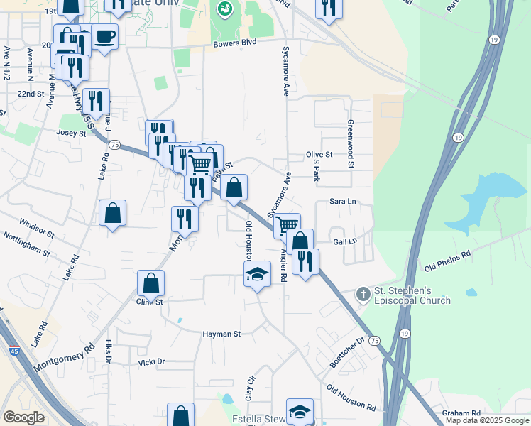 map of restaurants, bars, coffee shops, grocery stores, and more near 2530 Sycamore Avenue in Huntsville