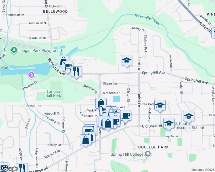 map of restaurants, bars, coffee shops, grocery stores, and more near 3763 Sheips Lane in Mobile