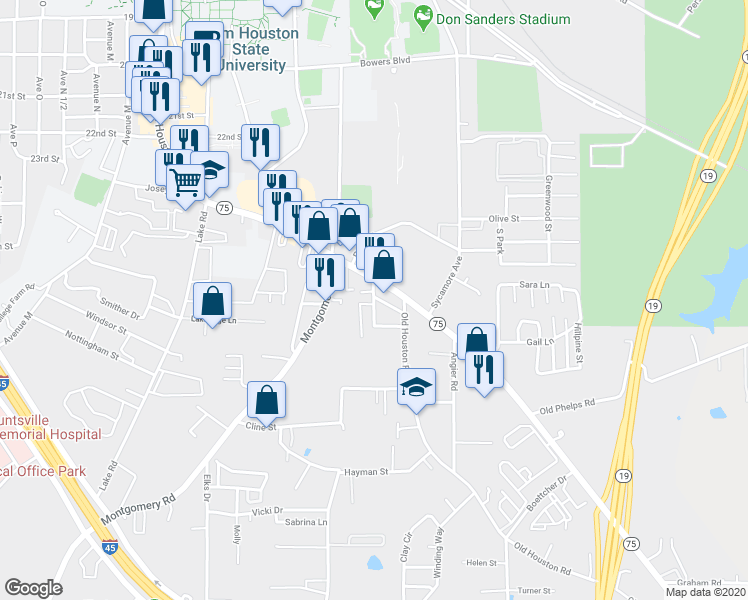 map of restaurants, bars, coffee shops, grocery stores, and more near El Toro Drive in Huntsville