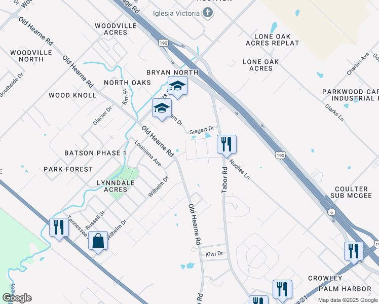 map of restaurants, bars, coffee shops, grocery stores, and more near 2901 Old Hearne Road in Bryan