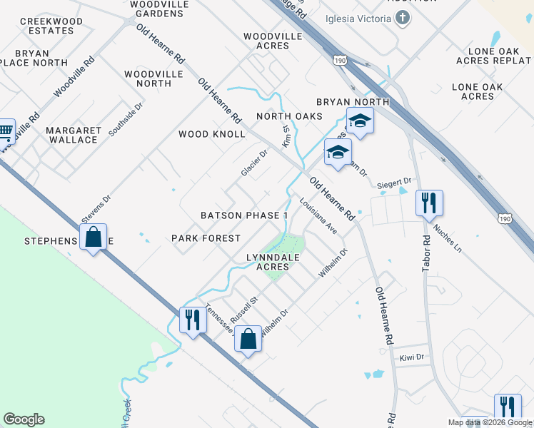 map of restaurants, bars, coffee shops, grocery stores, and more near 2326 Wilkes Road in Bryan