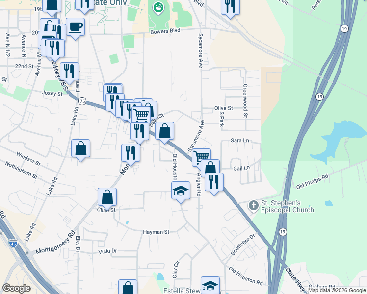 map of restaurants, bars, coffee shops, grocery stores, and more near 2530 Sycamore Avenue in Huntsville
