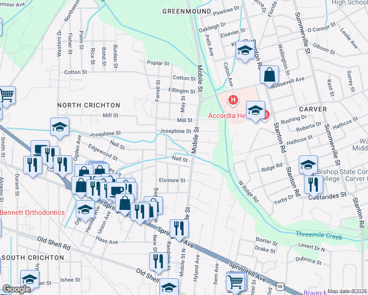 map of restaurants, bars, coffee shops, grocery stores, and more near 2713 Betbeze Street in Mobile