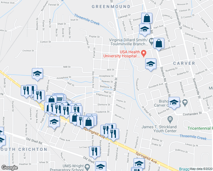 map of restaurants, bars, coffee shops, grocery stores, and more near 2716 Betbeze Street in Mobile