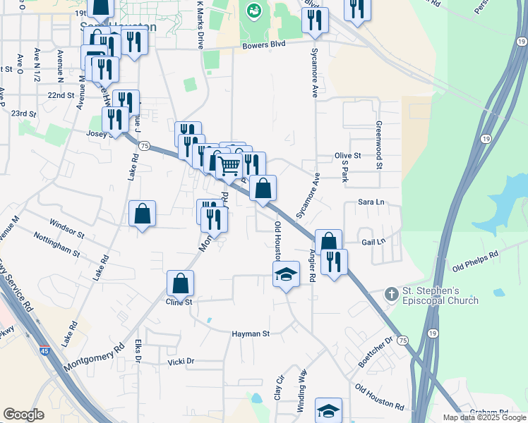 map of restaurants, bars, coffee shops, grocery stores, and more near 2812 Sam Houston Avenue in Huntsville