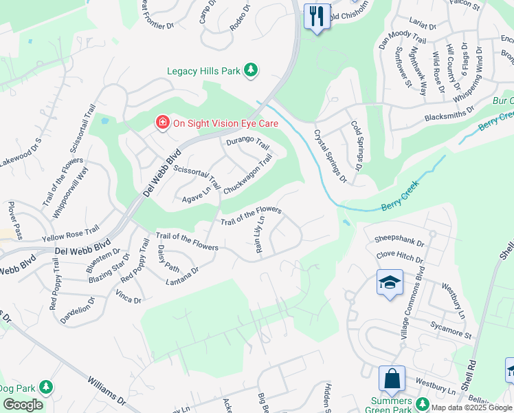 map of restaurants, bars, coffee shops, grocery stores, and more near 127 Rain Lily Lane in Georgetown