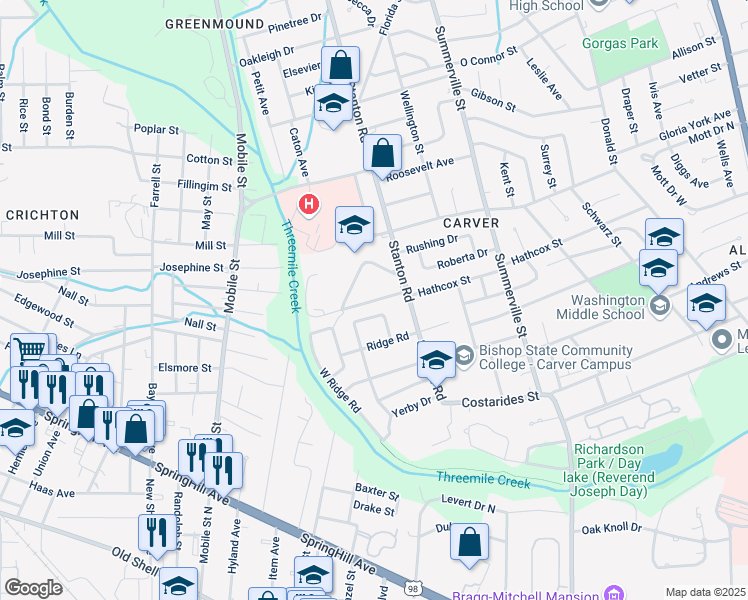 map of restaurants, bars, coffee shops, grocery stores, and more near Goodwill Ave in Mobile
