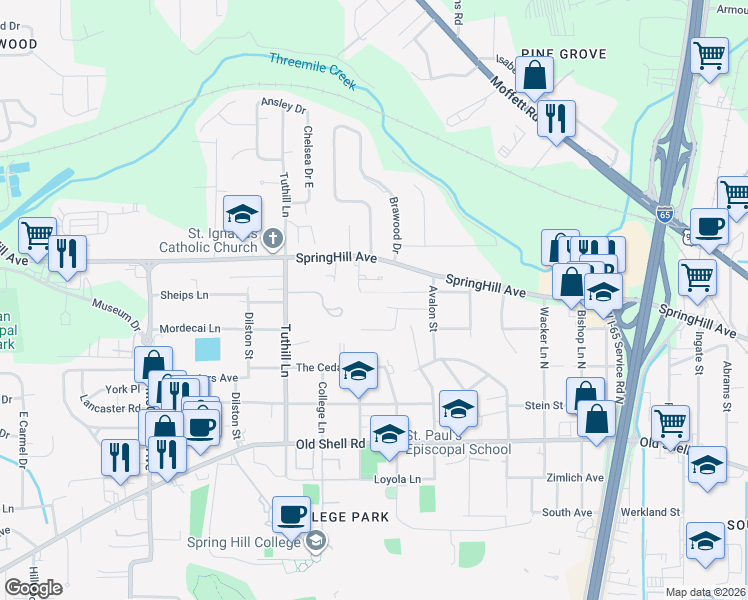 map of restaurants, bars, coffee shops, grocery stores, and more near 17 Provident Lane in Mobile