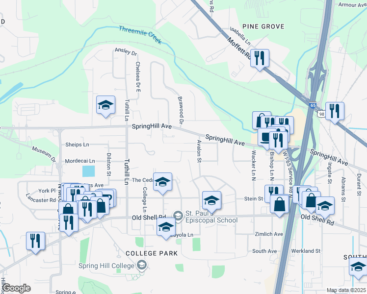 map of restaurants, bars, coffee shops, grocery stores, and more near 3700 Linden Lane in Mobile