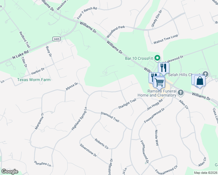 map of restaurants, bars, coffee shops, grocery stores, and more near 901 Highland Spring Lane in Georgetown