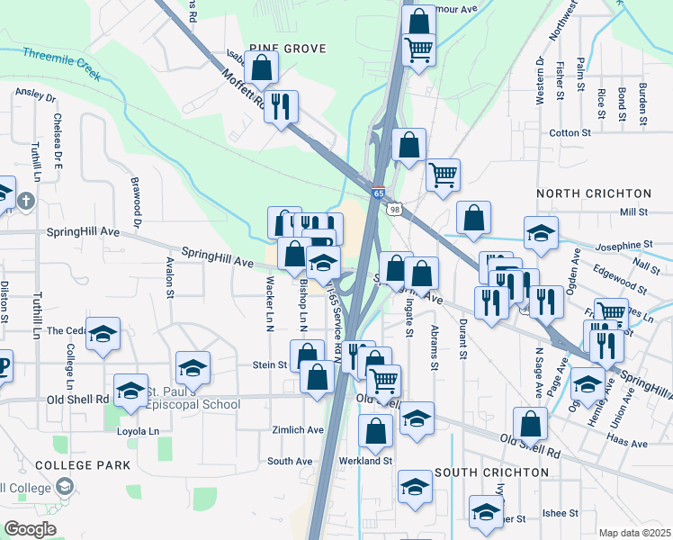 map of restaurants, bars, coffee shops, grocery stores, and more near 3438 SpringHill Avenue in Mobile