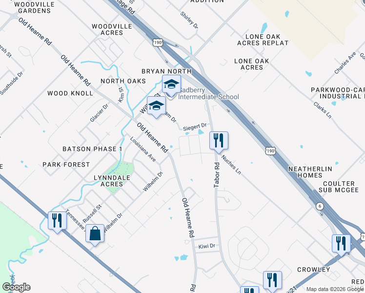 map of restaurants, bars, coffee shops, grocery stores, and more near 2901 Old Hearne Road in Bryan
