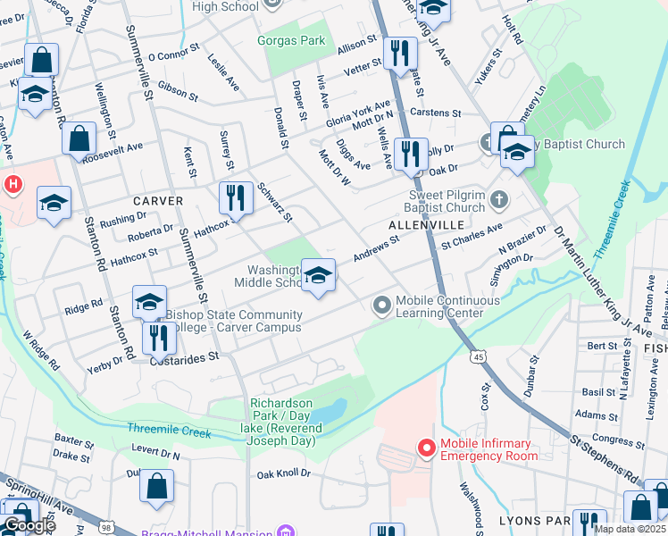 map of restaurants, bars, coffee shops, grocery stores, and more near 1961 Andrews Street in Mobile