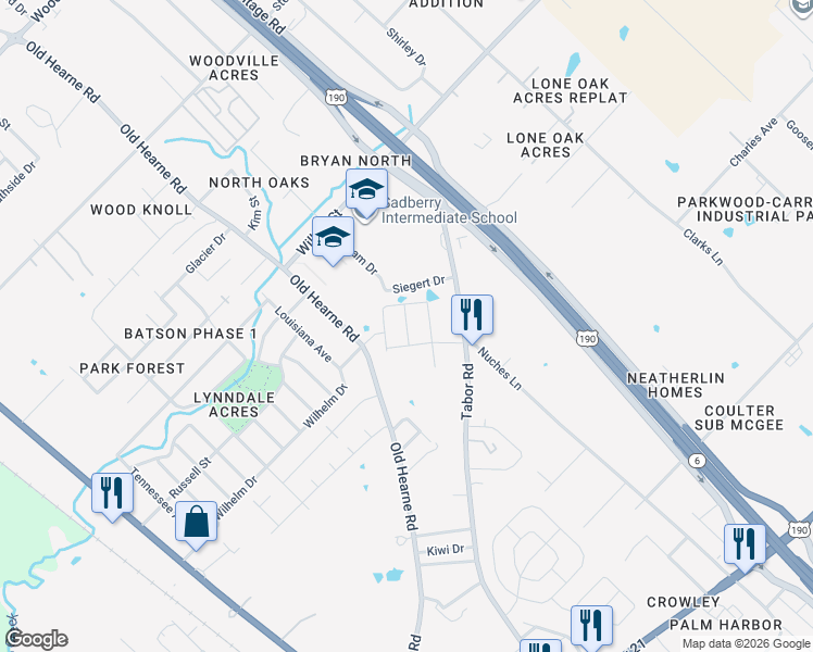 map of restaurants, bars, coffee shops, grocery stores, and more near 2901 Old Hearne Road in Bryan