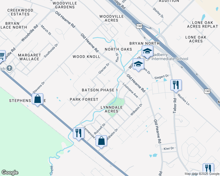 map of restaurants, bars, coffee shops, grocery stores, and more near 2326 Wilkes Road in Bryan