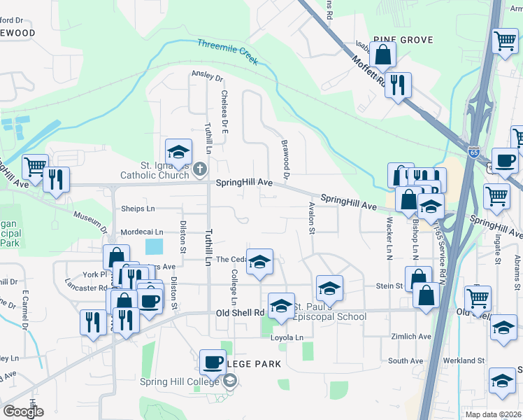 map of restaurants, bars, coffee shops, grocery stores, and more near 17 Provident Lane in Mobile