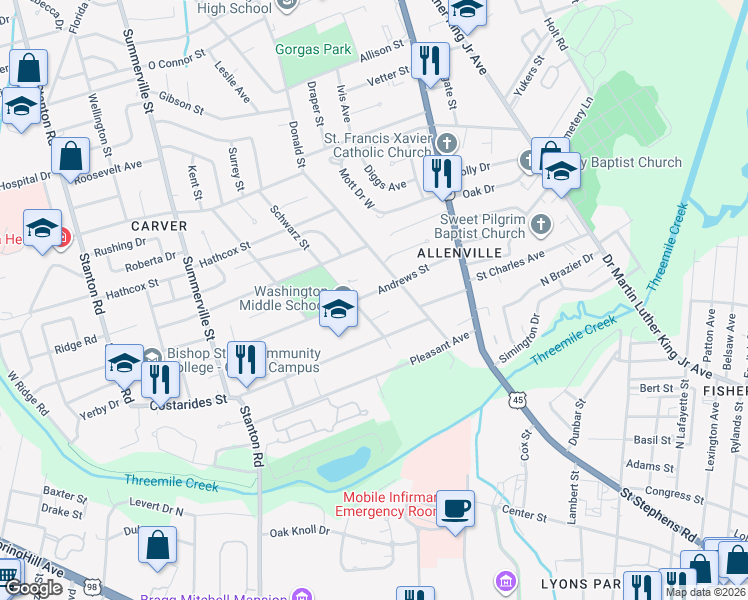 map of restaurants, bars, coffee shops, grocery stores, and more near 1906 Nerline Lane in Mobile