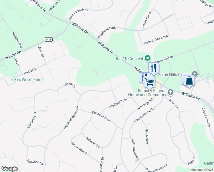 map of restaurants, bars, coffee shops, grocery stores, and more near 913 Highland Spring Lane in Georgetown