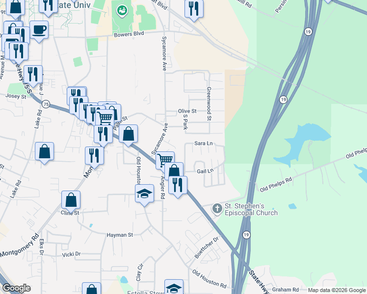 map of restaurants, bars, coffee shops, grocery stores, and more near 123 Sara Lane in Huntsville