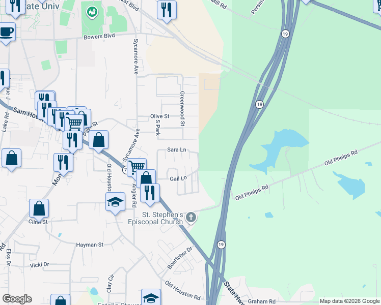 map of restaurants, bars, coffee shops, grocery stores, and more near 908 Hillpine Street in Huntsville