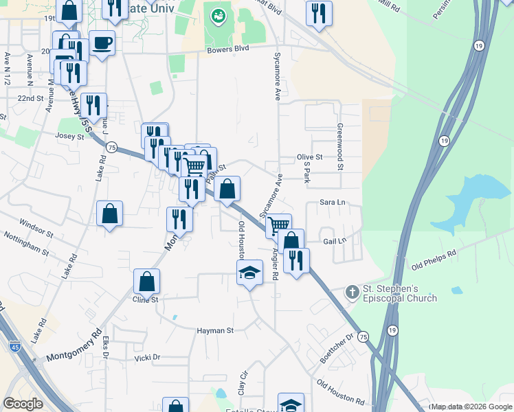 map of restaurants, bars, coffee shops, grocery stores, and more near 2530 Sycamore Avenue in Huntsville